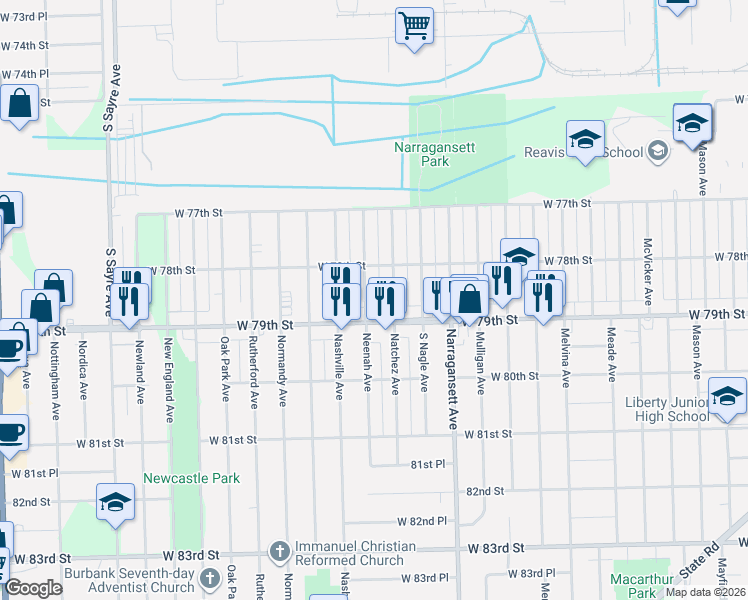 map of restaurants, bars, coffee shops, grocery stores, and more near 7826 Natchez Avenue in Burbank