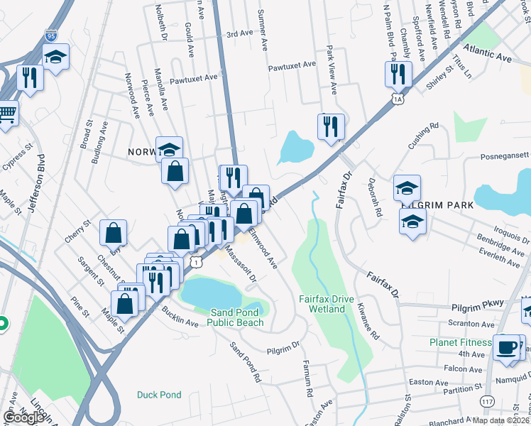 map of restaurants, bars, coffee shops, grocery stores, and more near 6 Rosewood Avenue in Warwick