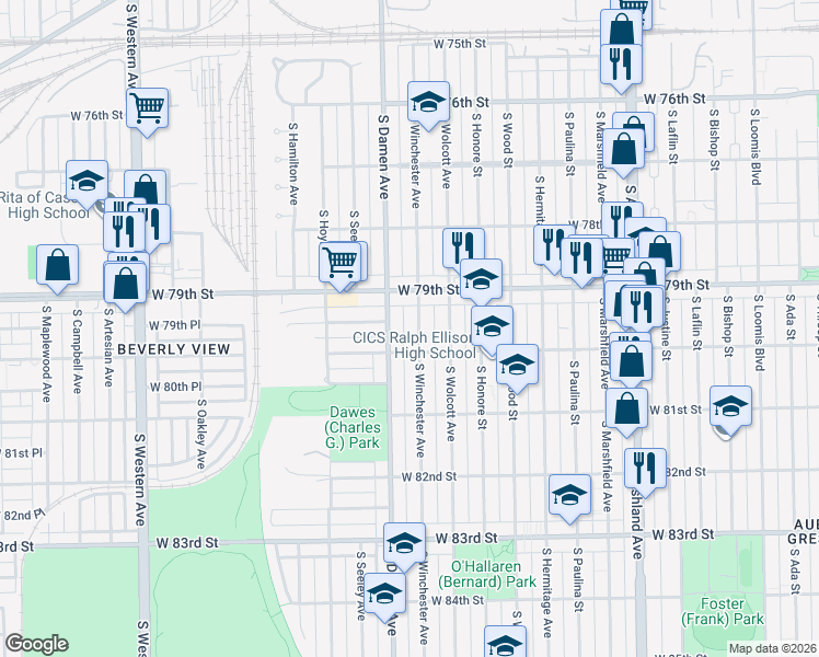 map of restaurants, bars, coffee shops, grocery stores, and more near 7920 South Winchester Avenue in Chicago