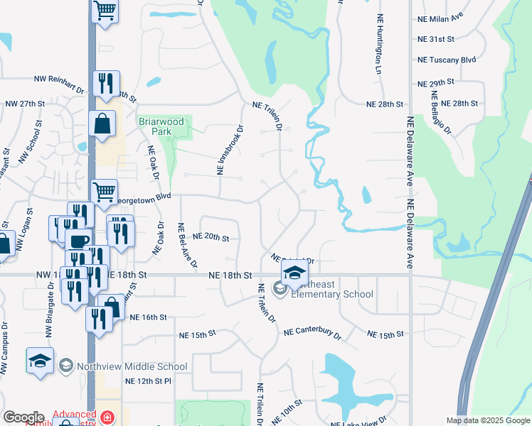 map of restaurants, bars, coffee shops, grocery stores, and more near 2110 Northeast Garland Court in Ankeny