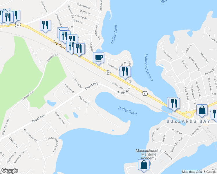 map of restaurants, bars, coffee shops, grocery stores, and more near 17 Onset Avenue in Wareham