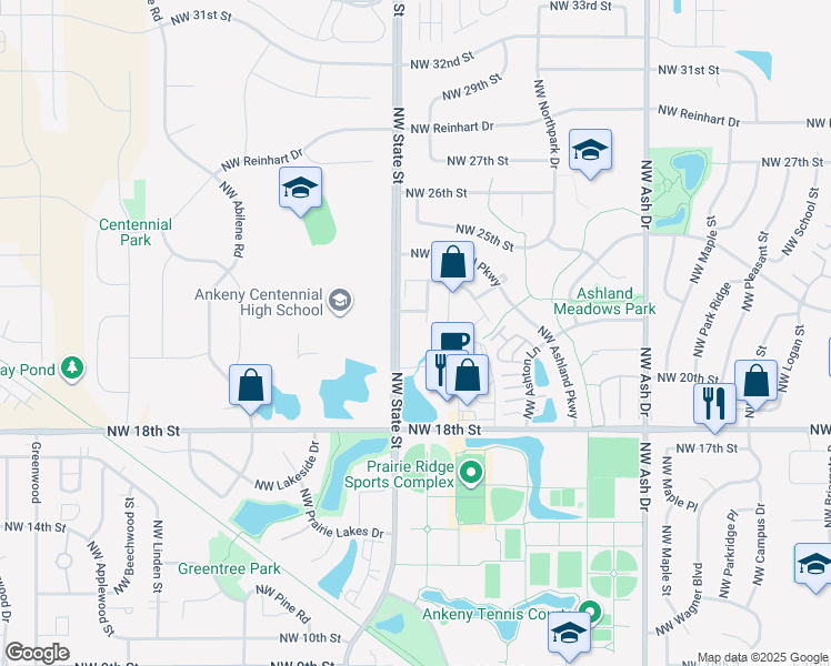 map of restaurants, bars, coffee shops, grocery stores, and more near 1525 Northwest 22nd Lane in Ankeny