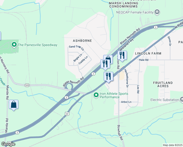 map of restaurants, bars, coffee shops, grocery stores, and more near Lakeland Freeway in Painesville