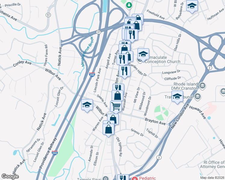 map of restaurants, bars, coffee shops, grocery stores, and more near 47 Turner Avenue in Cranston