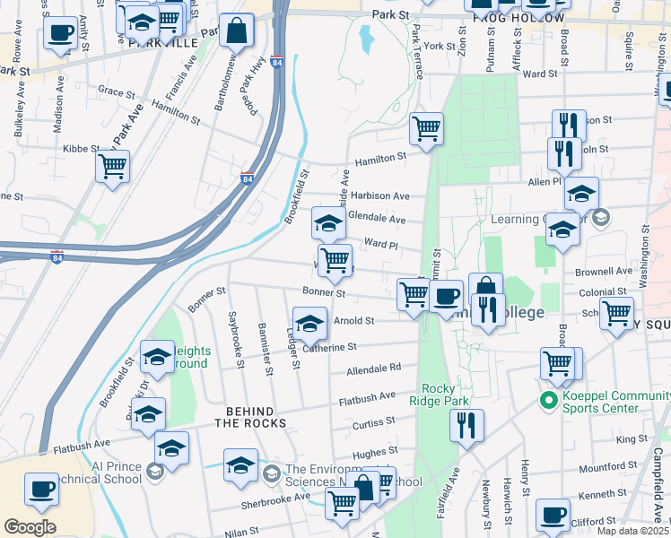 map of restaurants, bars, coffee shops, grocery stores, and more near 111 Hillside Avenue in Hartford