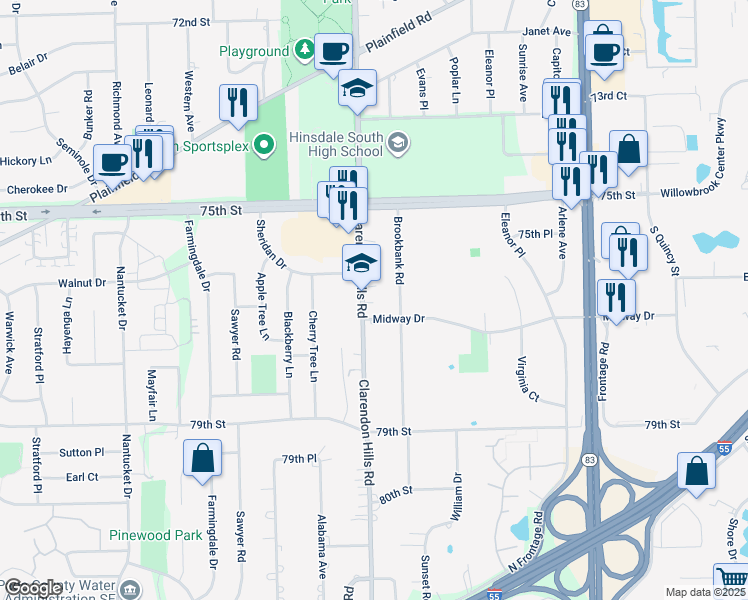 map of restaurants, bars, coffee shops, grocery stores, and more near 7619 Clarendon Hills Road in Willowbrook