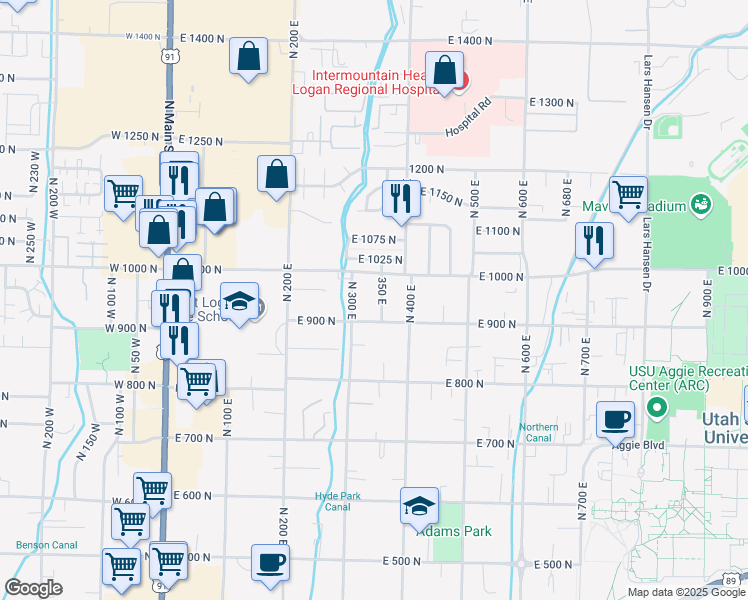 map of restaurants, bars, coffee shops, grocery stores, and more near 941 North 350 East in Logan