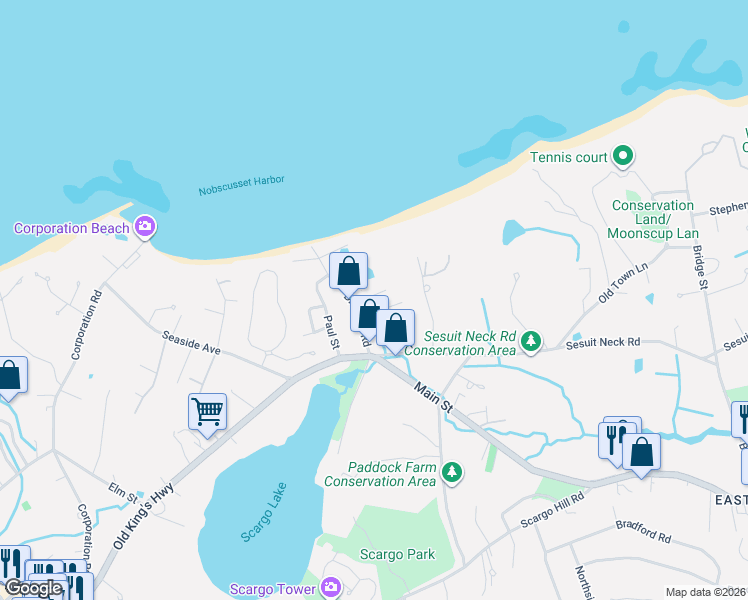 map of restaurants, bars, coffee shops, grocery stores, and more near 19 Highland Street in Dennis
