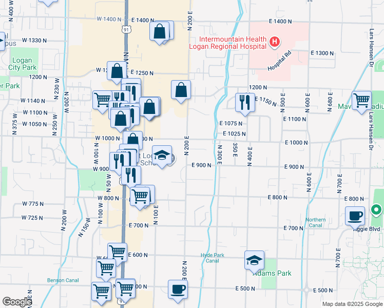 map of restaurants, bars, coffee shops, grocery stores, and more near in Logan