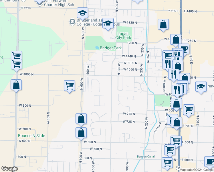 map of restaurants, bars, coffee shops, grocery stores, and more near 441 West 950 North in Logan