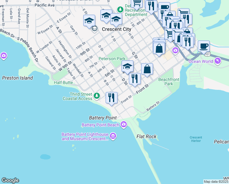 map of restaurants, bars, coffee shops, grocery stores, and more near in Crescent City
