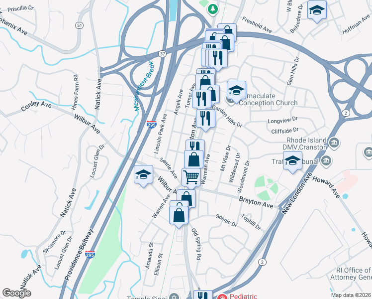 map of restaurants, bars, coffee shops, grocery stores, and more near 47 Turner Avenue in Cranston
