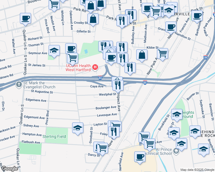 map of restaurants, bars, coffee shops, grocery stores, and more near 36 Caya Avenue in West Hartford