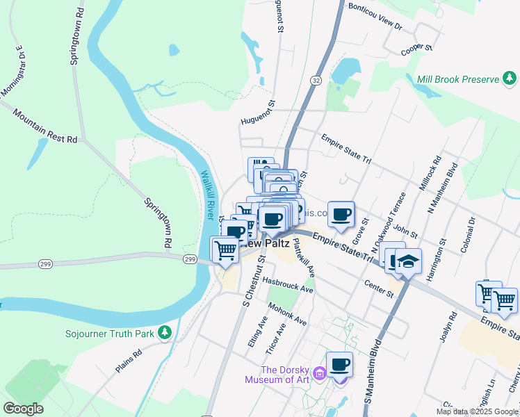 map of restaurants, bars, coffee shops, grocery stores, and more near 27 North Chestnut Street in New Paltz