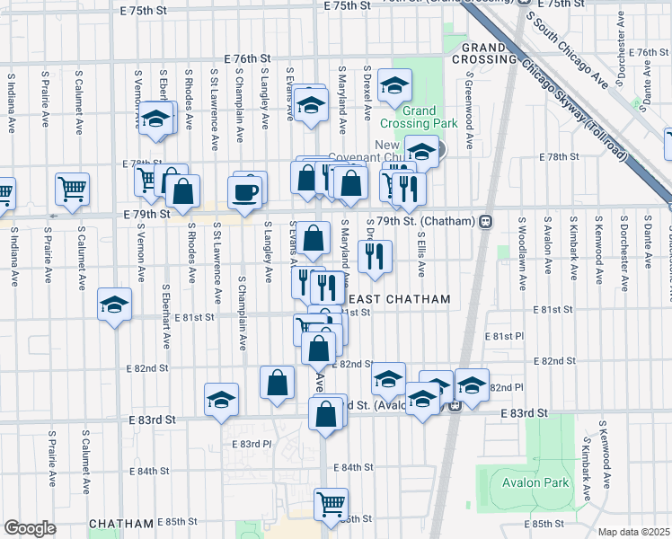 map of restaurants, bars, coffee shops, grocery stores, and more near 8000 South Maryland Avenue in Chicago