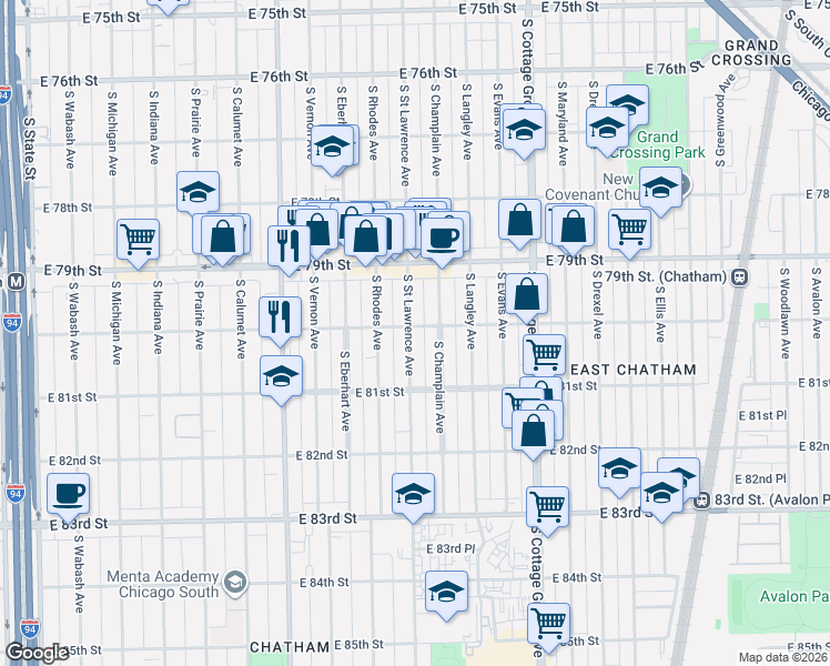 map of restaurants, bars, coffee shops, grocery stores, and more near 542 East 80th Street in Chicago