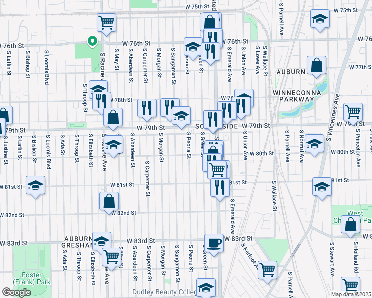 map of restaurants, bars, coffee shops, grocery stores, and more near 7932 South Peoria Street in Chicago