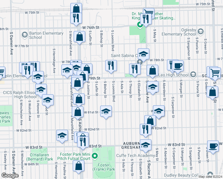 map of restaurants, bars, coffee shops, grocery stores, and more near 7929 South Loomis Boulevard in Chicago