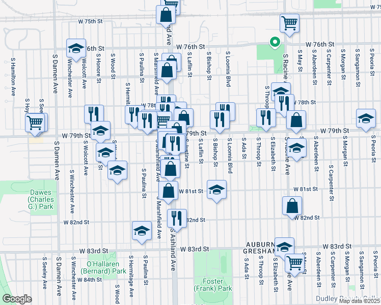 map of restaurants, bars, coffee shops, grocery stores, and more near 7926 South Laflin Street in Chicago
