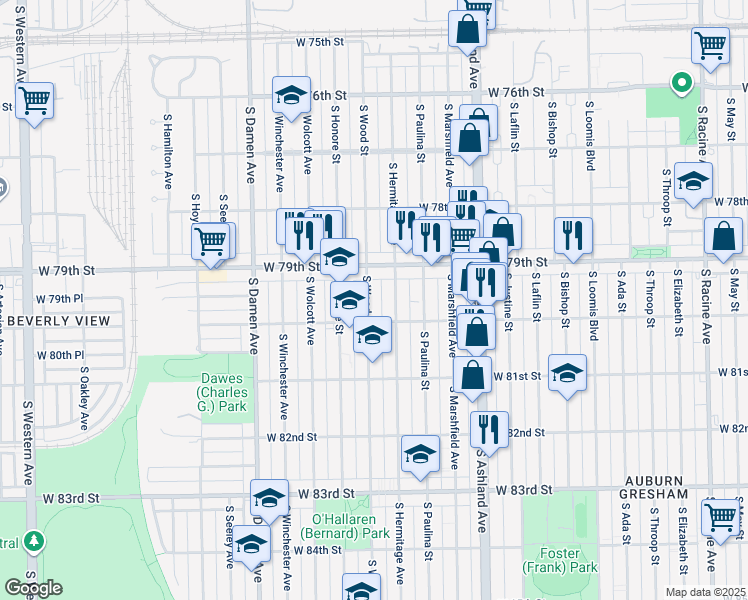map of restaurants, bars, coffee shops, grocery stores, and more near 7928 South Hermitage Avenue in Chicago
