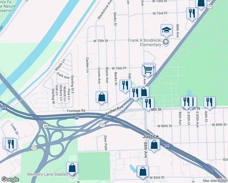 map of restaurants, bars, coffee shops, grocery stores, and more near 7760 Banks Street in Justice