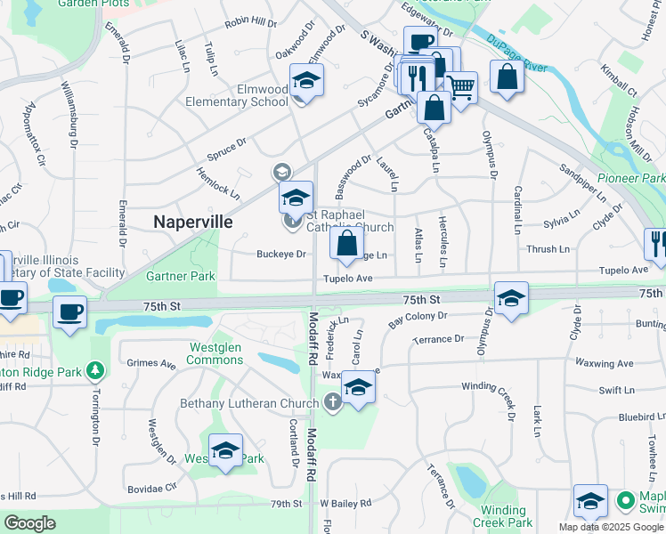map of restaurants, bars, coffee shops, grocery stores, and more near 1232 Modaff Road in Naperville