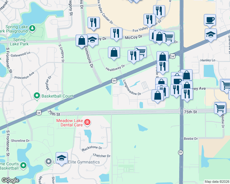 map of restaurants, bars, coffee shops, grocery stores, and more near 4105 Chesapeake Drive in Aurora