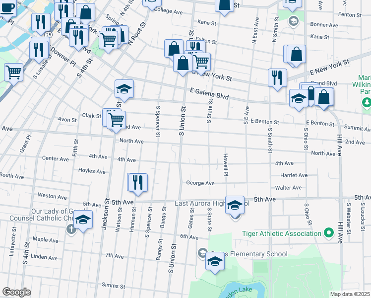 map of restaurants, bars, coffee shops, grocery stores, and more near 636 North Avenue in Aurora