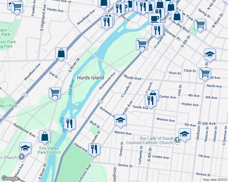 map of restaurants, bars, coffee shops, grocery stores, and more near 340 South Broadway in Aurora