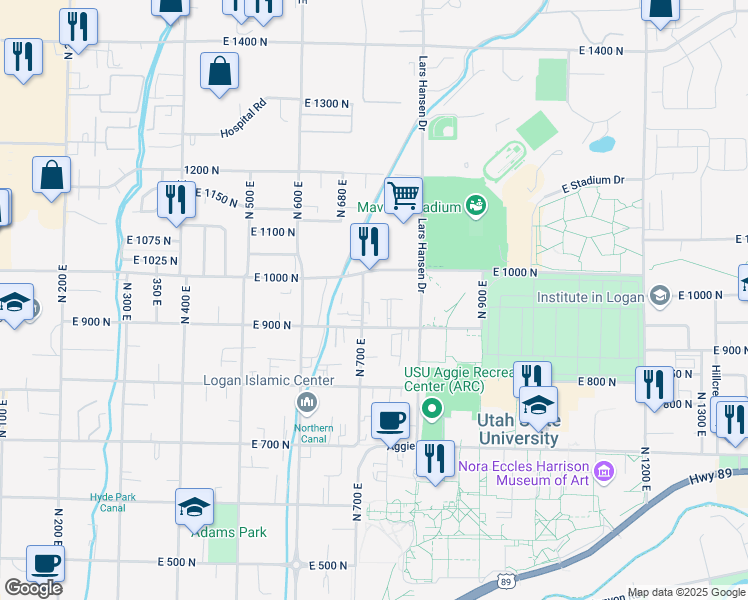 map of restaurants, bars, coffee shops, grocery stores, and more near 944 North 700 East in Logan