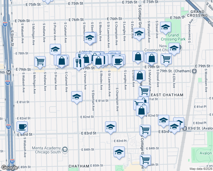 map of restaurants, bars, coffee shops, grocery stores, and more near 542 East 80th Street in Chicago