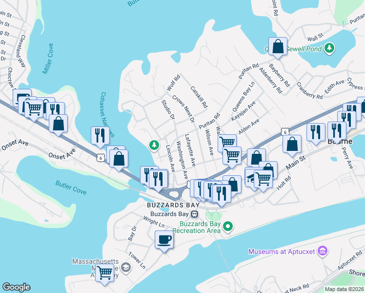 map of restaurants, bars, coffee shops, grocery stores, and more near 47 Lafayette Avenue in Bourne
