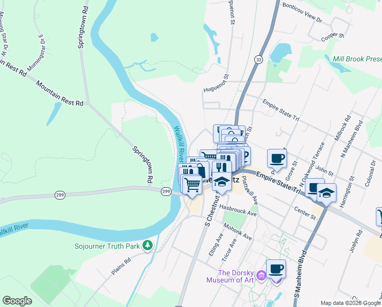 map of restaurants, bars, coffee shops, grocery stores, and more near 46-1 Huguenot Street in New Paltz