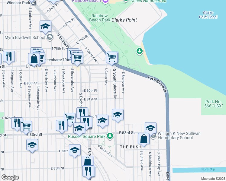 map of restaurants, bars, coffee shops, grocery stores, and more near 8023 South Coles Avenue in Chicago