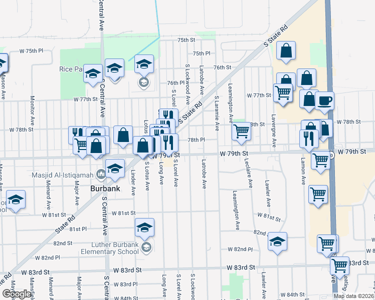 map of restaurants, bars, coffee shops, grocery stores, and more near 7835 South Lockwood Avenue in Burbank