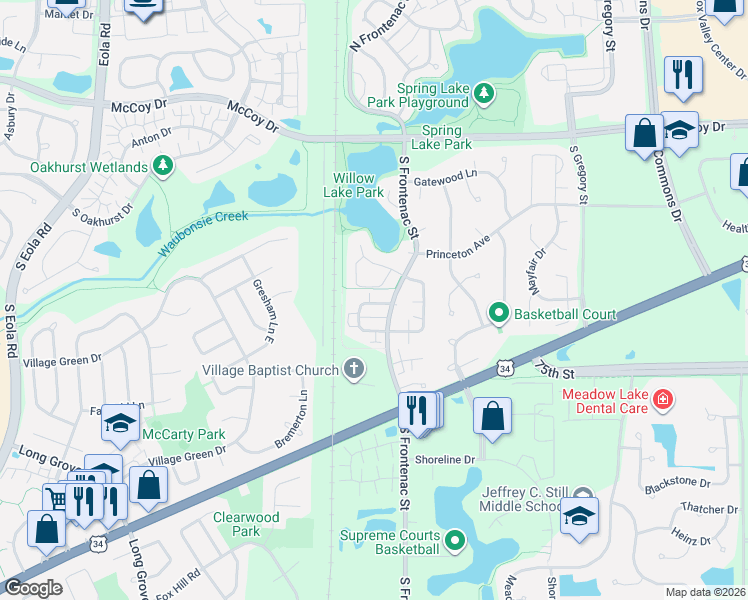 map of restaurants, bars, coffee shops, grocery stores, and more near 380 Echo Lane in Aurora