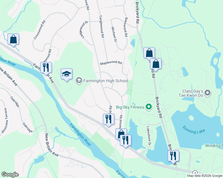 map of restaurants, bars, coffee shops, grocery stores, and more near 41 Wyndwood Road in Farmington