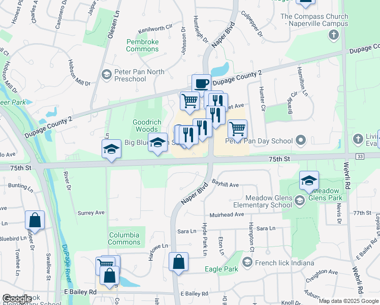 map of restaurants, bars, coffee shops, grocery stores, and more near 1309 South Naper Boulevard in Naperville