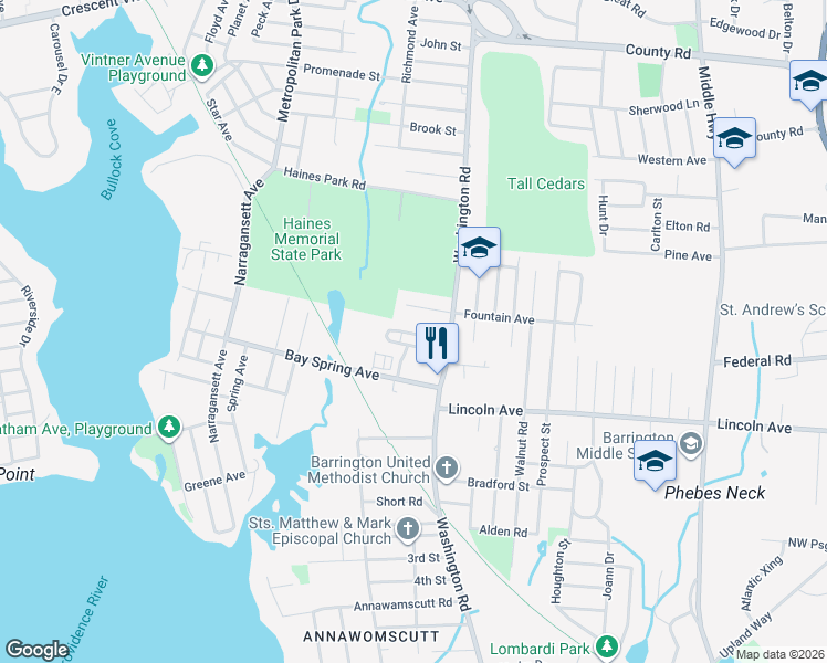 map of restaurants, bars, coffee shops, grocery stores, and more near 21 Sweet Briar Road in Barrington