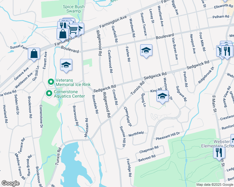 map of restaurants, bars, coffee shops, grocery stores, and more near 8 Cornell Road in West Hartford