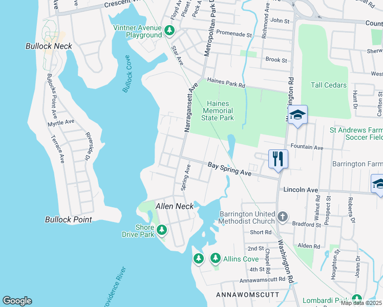 map of restaurants, bars, coffee shops, grocery stores, and more near 147 Bay Spring Avenue in Barrington