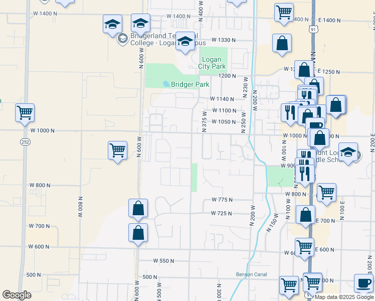 map of restaurants, bars, coffee shops, grocery stores, and more near 410 West 950 North in Logan