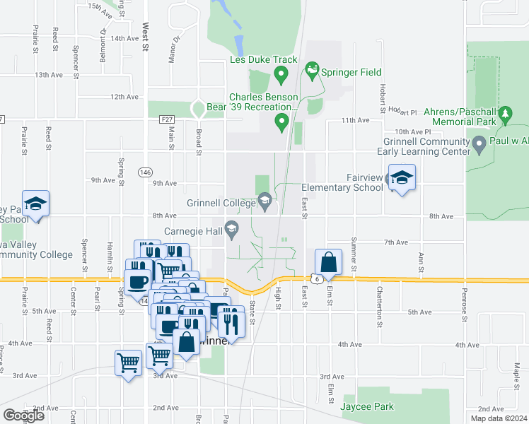 map of restaurants, bars, coffee shops, grocery stores, and more near 1115 8th Avenue in Grinnell