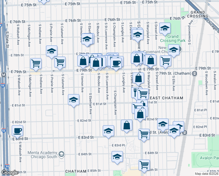 map of restaurants, bars, coffee shops, grocery stores, and more near 7958 South Champlain Avenue in Chicago