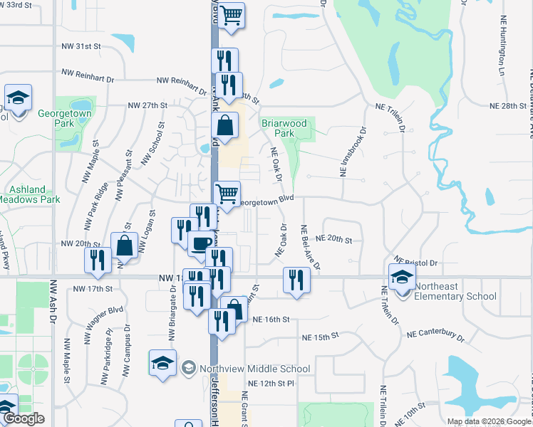 map of restaurants, bars, coffee shops, grocery stores, and more near 2308 Northeast Oak Drive in Ankeny