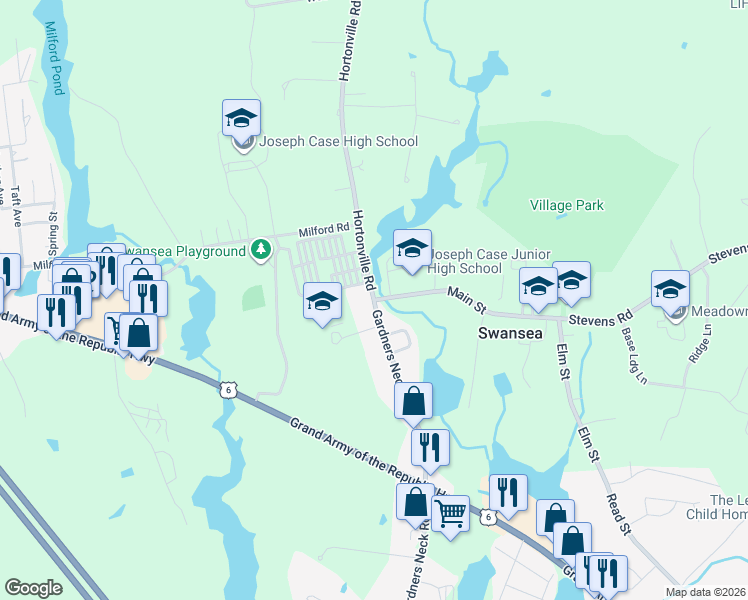 map of restaurants, bars, coffee shops, grocery stores, and more near 14 Hortonville Road in Swansea
