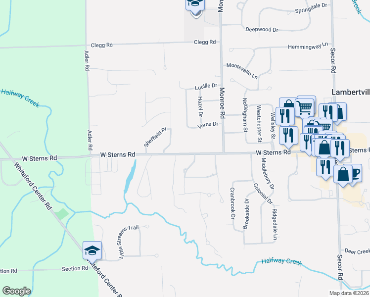 map of restaurants, bars, coffee shops, grocery stores, and more near 3946 West Sterns Road in Lambertville