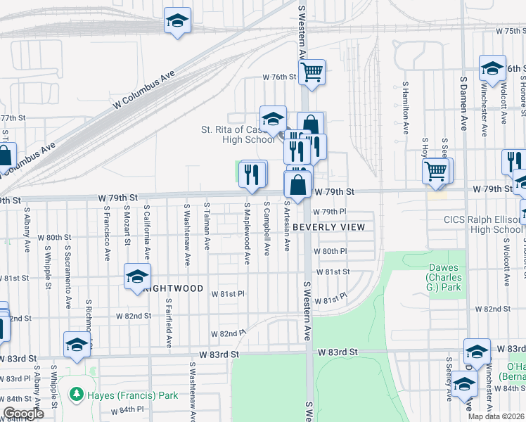 map of restaurants, bars, coffee shops, grocery stores, and more near 7924 South Campbell Avenue in Chicago
