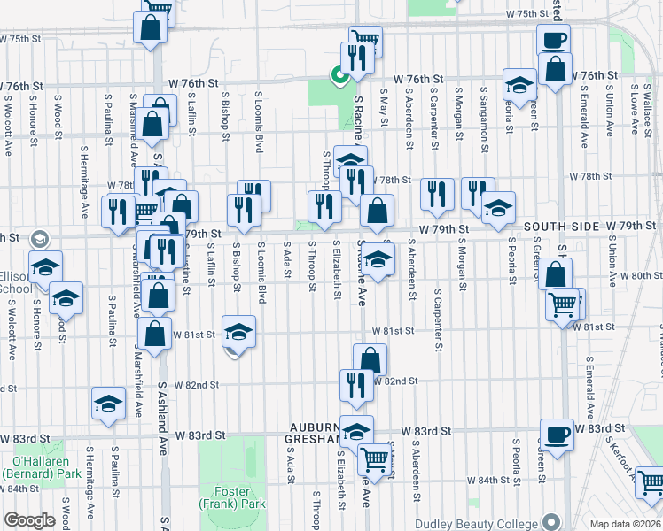 map of restaurants, bars, coffee shops, grocery stores, and more near 7928 South Elizabeth Street in Chicago