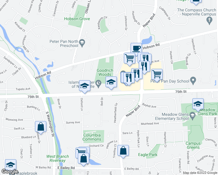 map of restaurants, bars, coffee shops, grocery stores, and more near 25W462 75th St in Naperville